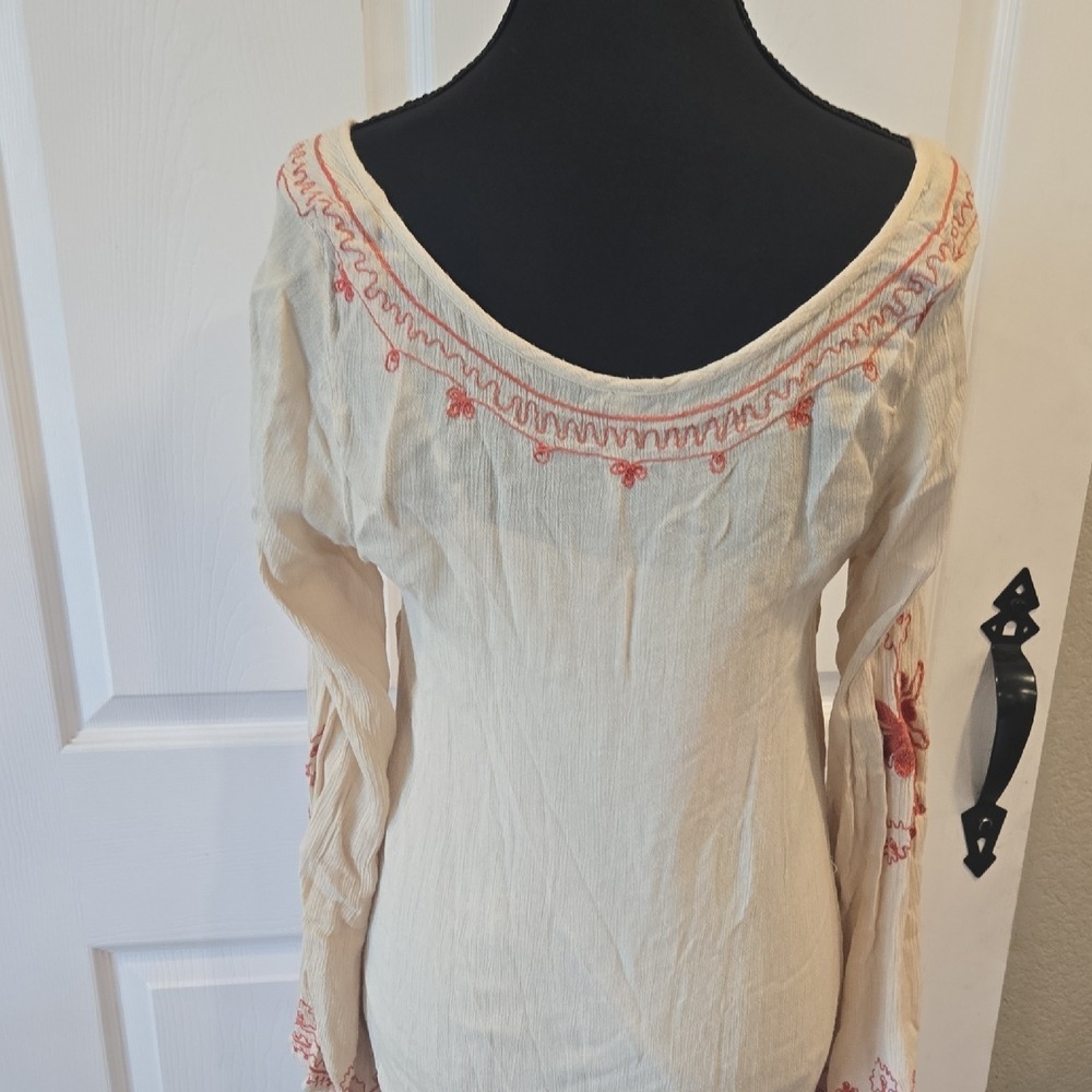 Free People Cream Coral Embroidered Boho Bell Sleeve Tunic Mini Dress XS - Picture 7 of 10